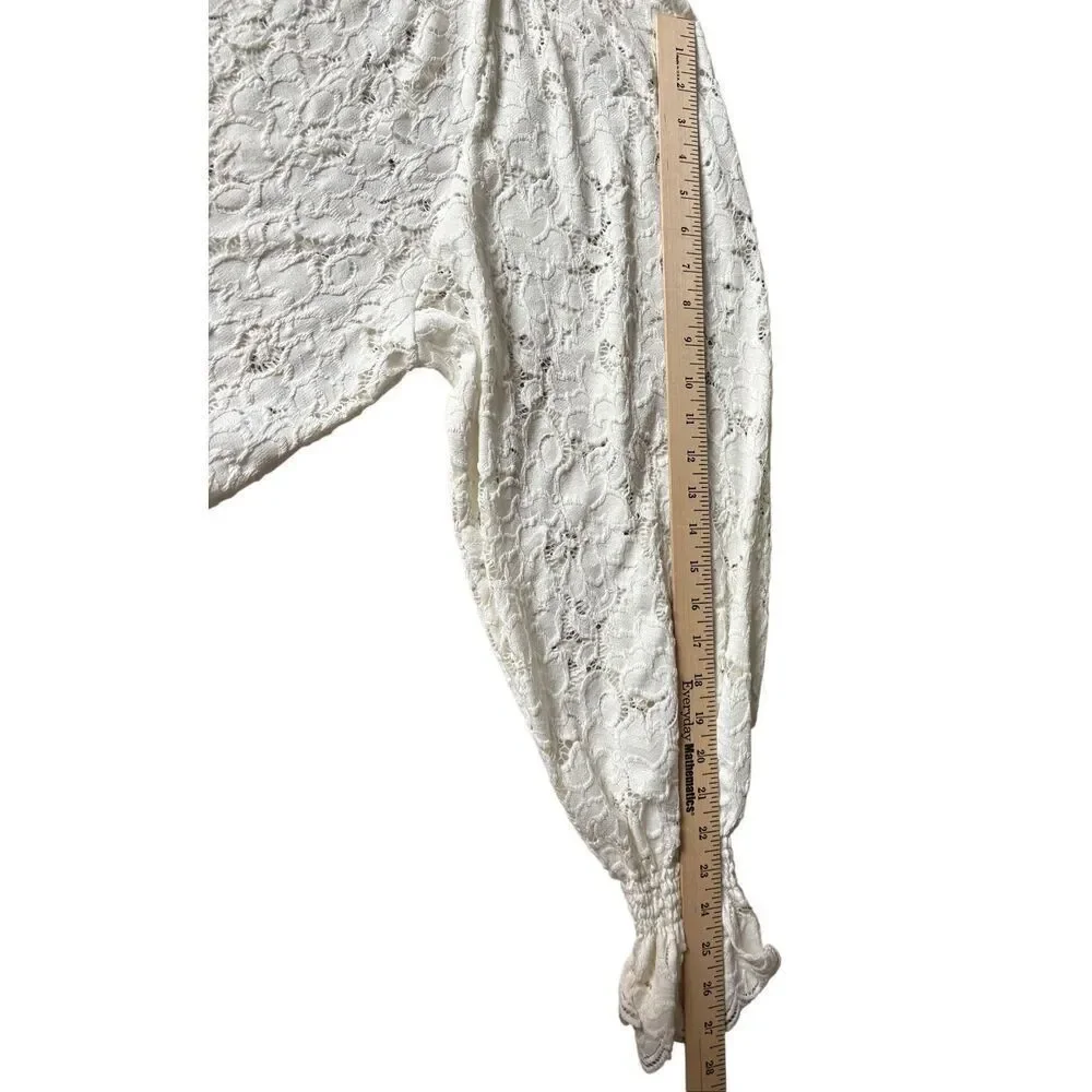 Free People‎ Olivia Lace Top size L Floral Long Bell Sleeve ivory white